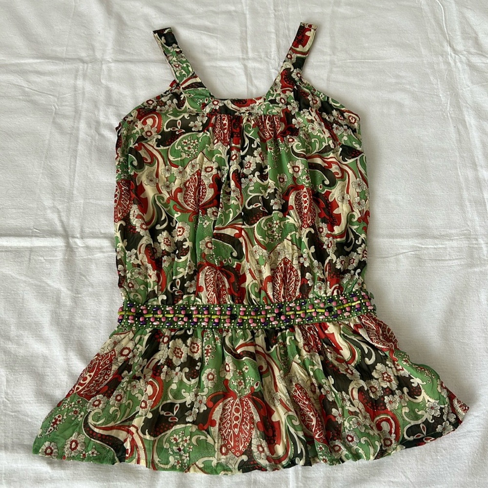 VTG 90s Babydoll Top with Beaded Waist and Floral Paisley Designs